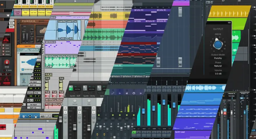 Wielobarwny kolaż ekranów programów muzycznych, ukazujący ścieżki audio, miksery i edytory MIDI.