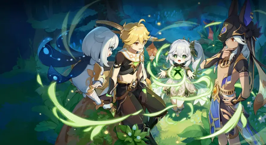 Postacie z Genshin Impact PS4: Paimon, Aether, Nahida i Cyno w magicznym lesie.
