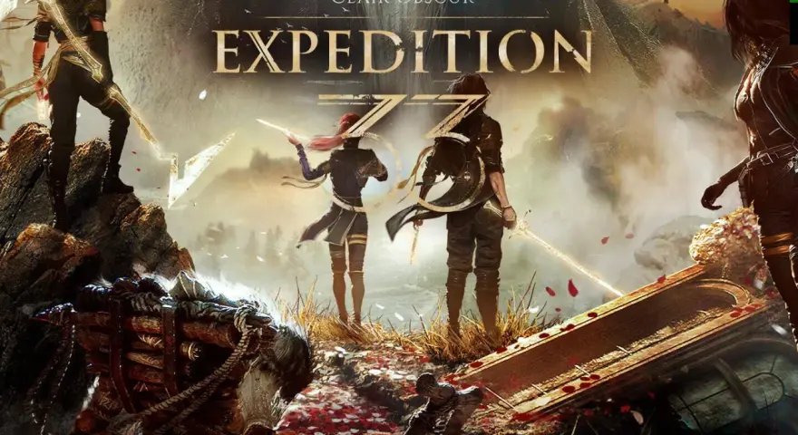 Guía oficial de Expedition 33, con guerreros listos para la aventura en un paisaje místico.