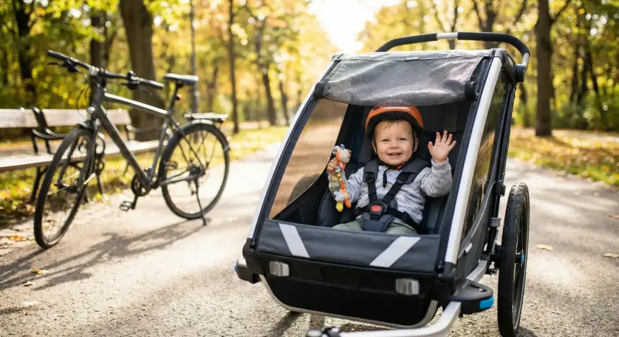 Uśmiechnięte dziecko w kasku w przyczepce rowerowej. Od jakiego wieku można wozić malucha w takiej przyczepce? Odpowiedź znajdziesz w instrukcji producenta.