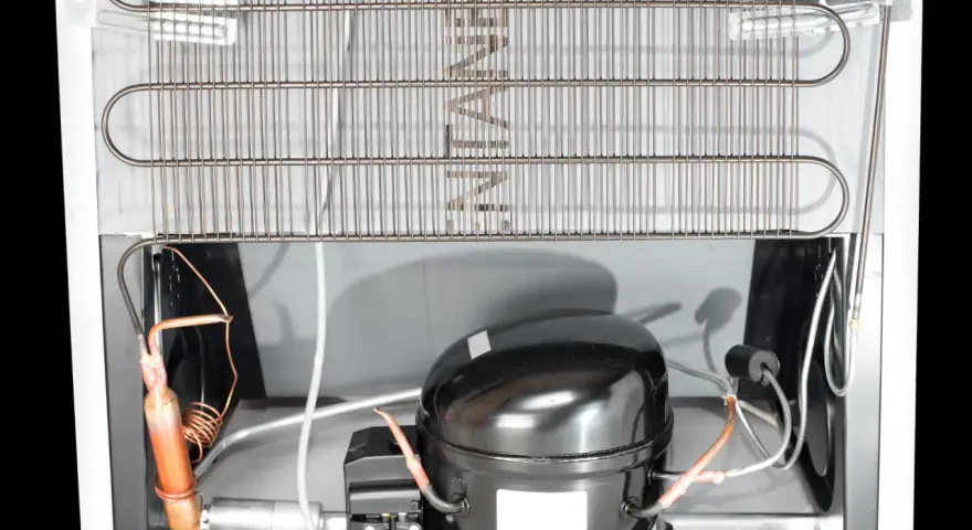 Back of a refrigerator showing the compressor and condenser coils. Learn how to clean refrigerator coils for better efficiency.