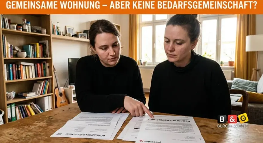 Zwei Frauen prüfen Dokumente, die auf eine getrennte Lebenssituation in einer Wohnung hindeuten, während sie Hartz 4 beantragen.