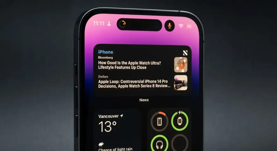 Nowy iPhone z dynamic island, wyświetlający wiadomości i pogodę.