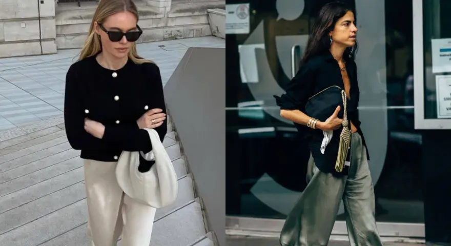 Dos mujeres lucen ropa de ricos: una con cárdigan negro y pantalón beige, la otra con camisa negra y pantalón verde.