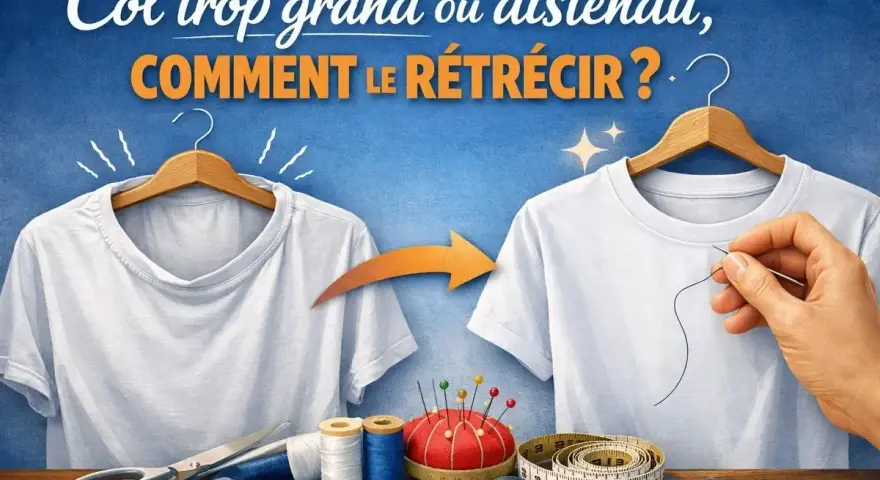 Avant/après : un col de t-shirt trop grand est retravaillé. Apprenez comment coudre un col rond parfait avec cette illustration de couture.