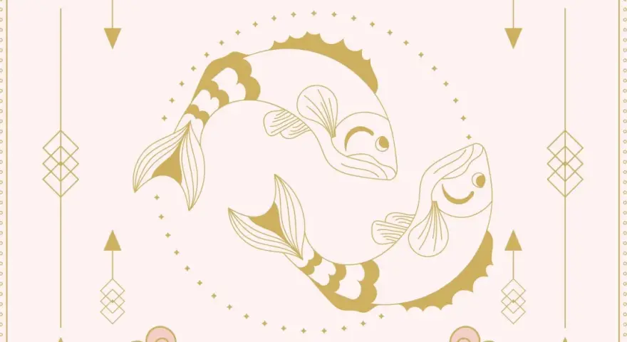 Dwa złote ryby, symbol znaku zodiaku Ryby, pływają w otoczeniu gwiazdek i geometrycznych ozdób.