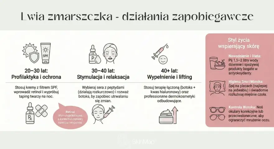 Domowe sposoby na lwia zmarszczka: od profilaktyki w wieku 20-30 lat, przez stymulację peptydami w wieku 30-40 lat, po wypełnienie kwasem hialuronowym po 40.