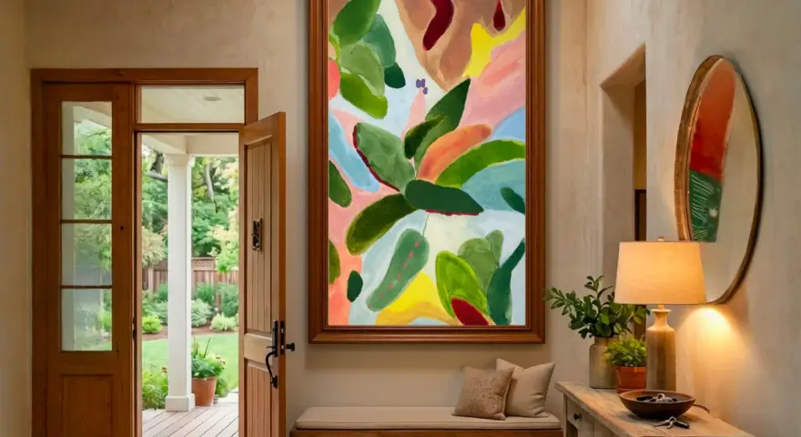 Un recibidor acogedor con un gran cuadro abstracto, obra de un comisariado de arte, invita a pasar. La luz entra por la puerta abierta, revelando un jardín.