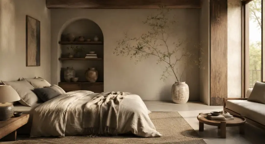 Sypialnia w stylu wabi sabi. Naturalne materiały, łóżko z lnianą pościelą, ceramiczne wazony i gałązka w wazonie tworzą spokój.