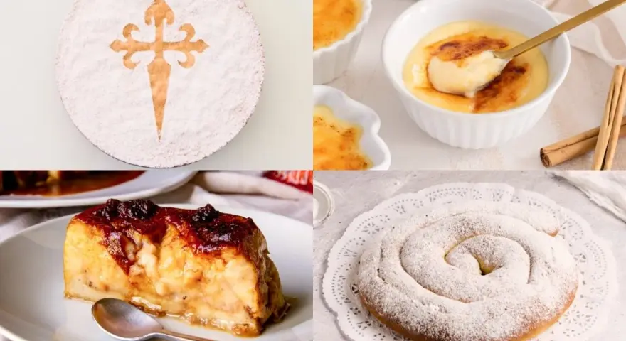 Pastel de Santiago, crema catalana y ensaimada, un festín de postres españoles.