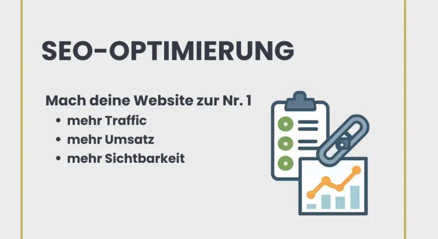 SEO-Optimierung: Mehr Traffic, Umsatz & Sichtbarkeit für deine Website. Checkliste, Diagramm & Link-Symbol illustrieren die Aufgaben.