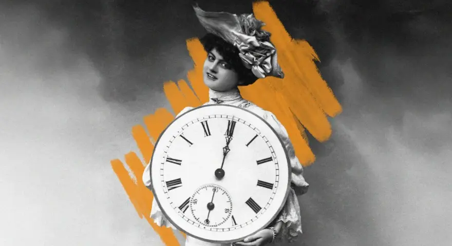 A woman in a vintage hat holds a large clock, its hands pointing to the fifth canonical hours.