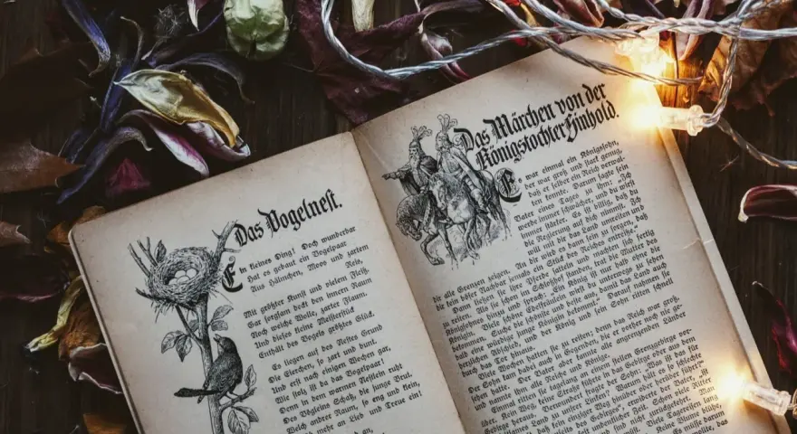 Otwarta księga z baśniami braci Grimm, ilustracje i tekst w języku niemieckim, otoczona suszonymi liśćmi i lampkami.