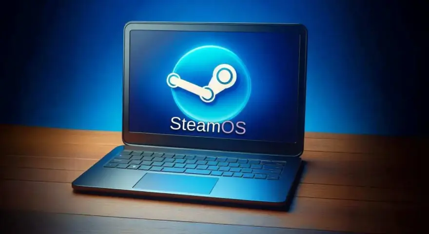 Portátil con el logo de SteamOS brillando en la pantalla, listo para jugar.