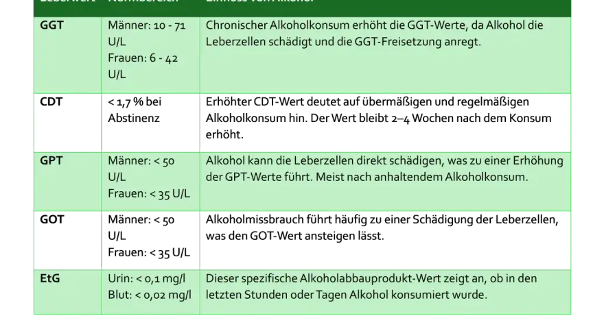 Tabelle zeigt Leberwerte (GGT, GPT, EtG) und deren Zusammenhang mit Alkoholkonsum. Wichtig für kontrolliertes Trinken und MPU.
