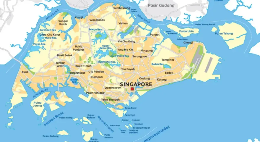 Mapa Singapuru z zaznaczonym miastem, okolicznymi wyspami, Malezją i Indonezją.