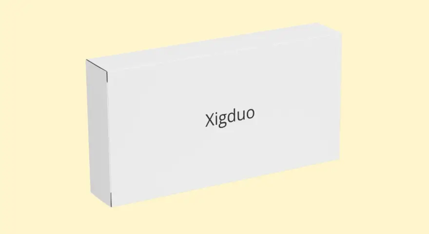 Białe, prostokątne pudełko z napisem "Xigduo" na jasnym, żółtym tle.