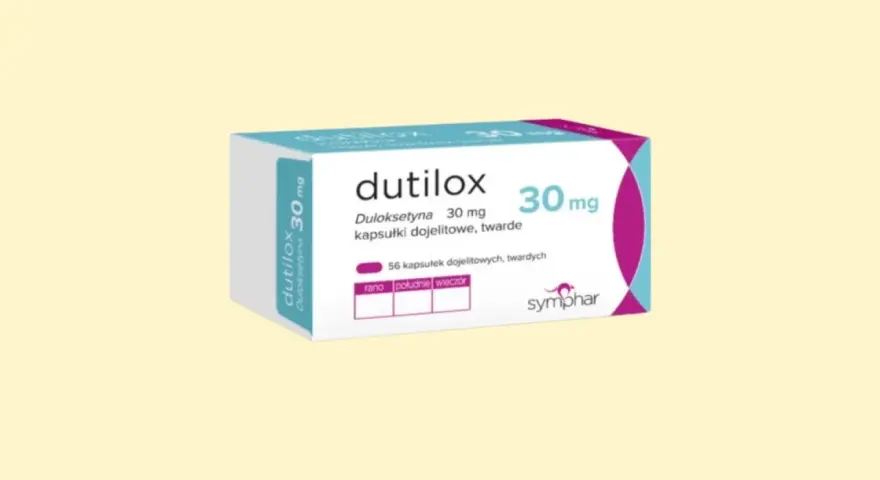 Opakowanie leku Dutilox 30 mg z duloksetyną, zawierające 56 kapsułek.