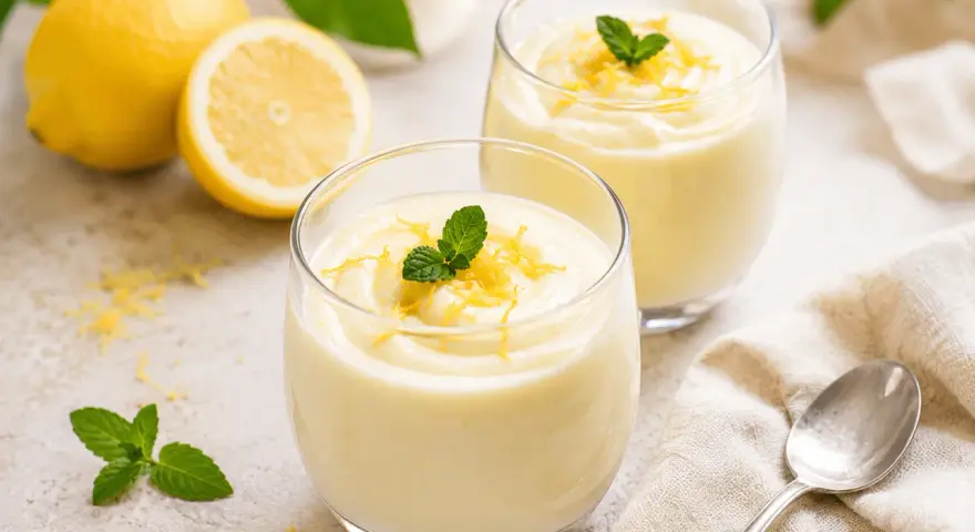 Due bicchieri di soffice mousse al limone, guarniti con scorza di limone e menta fresca. Sullo sfondo, limoni interi e tagliati.