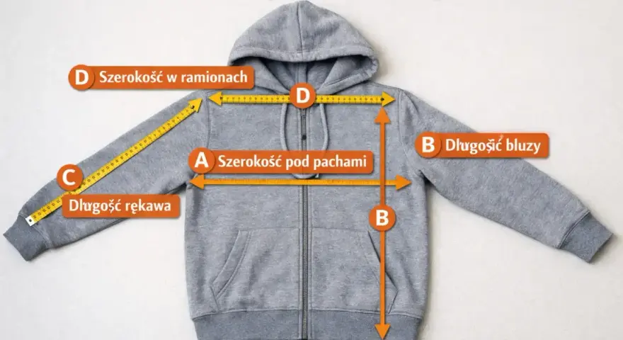 Szara bluza z kapturem, na której zaznaczono miary: szerokość pod pachami (A), długość bluzy (B), długość rękawa (C) i szerokość w ramionach (D).