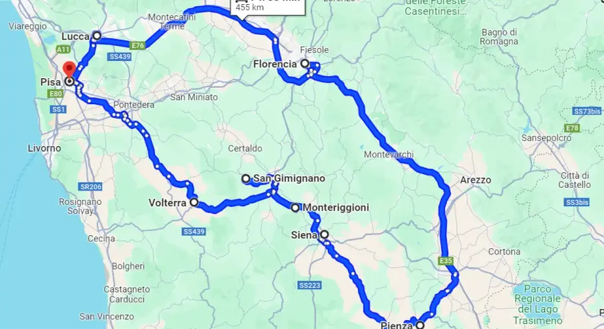 Mapa de una ruta por Italia que incluye Pisa, Florencia, Siena y Arezzo. El recorrido es de 455 km y dura 7h 33min.