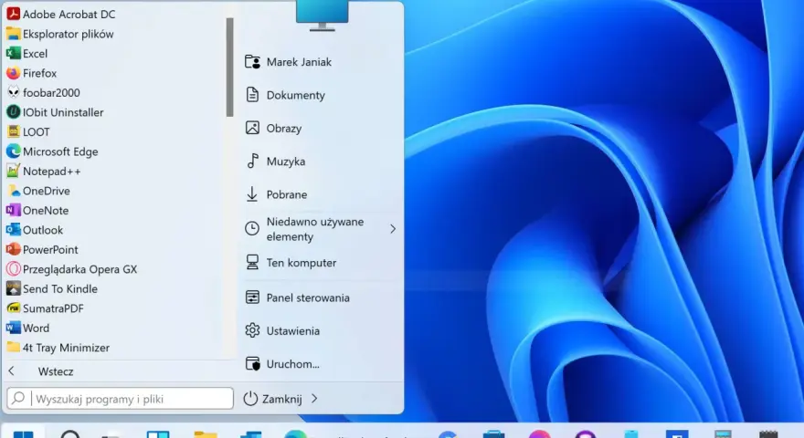 Menu Start w Windows 11: lista aplikacji, folderów i ustawień. Pokaż więcej opcji Windows 11, by znaleźć potrzebne programy.