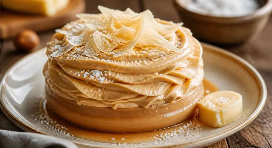 Gâteau crémeux avec chantilly chocolat blanc, garni de copeaux dorés et saupoudré de sucre glace. Un délice visuel et gustatif.