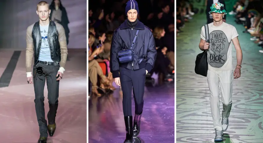 Modelli in passerella mostrano diversi stili di taglio pantaloni uomo: slim fit gessato, dritto blu navy e chino bianchi.