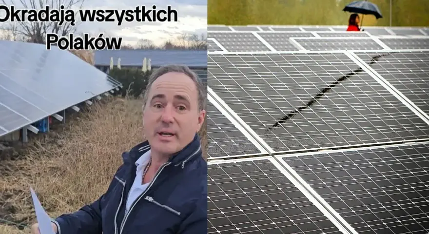 Mężczyzna przy panelach słonecznych, sugerujący, że "Tauron mój prąd" okrada Polaków. W tle widać kolejne panele i osobę z parasolem.