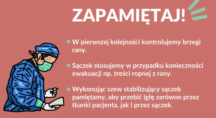 Chirurg w masce i fartuchu pokazuje, jak używać sączka do rany, by ewakuować np. treść ropną.