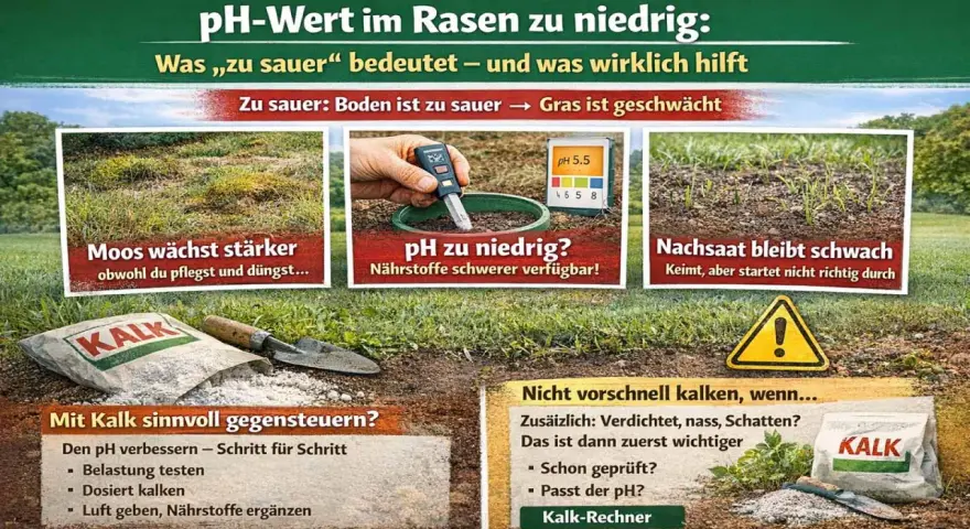 Rasen mit zu niedrigem pH-Wert: Moos wächst, Nachsaat schwach. Mit Kalk den pH-Wert verbessern. Was tun bei Rasen pH-Wert 7?