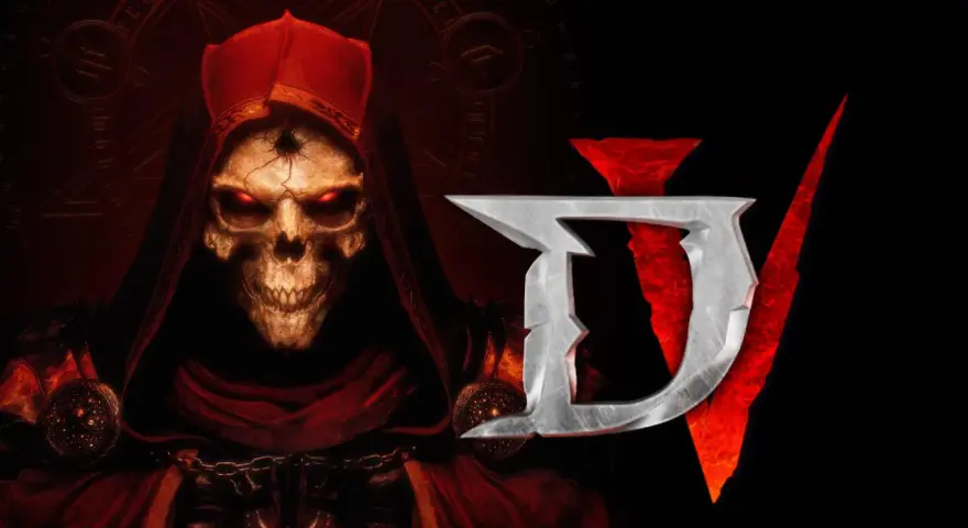 Mroczny, czaszkopodobny byt w czerwonej szacie z płonącymi oczami, obok logo Diablo 5.