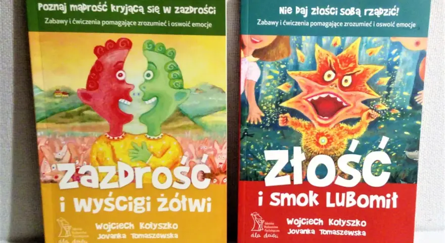 Dwie książki dla dzieci: "Zazdrość i wyścigi żółwi" oraz "Złość i smok LuBomit". To filmy animowane o emocjach, które pomagają je zrozumieć.