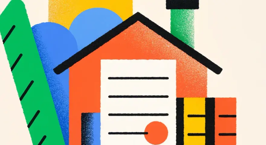 Illustration abstraite d'une maison avec des formes géométriques colorées. Le concept de servitude par destination du père de famille est représenté par l'ensemble harmonieux des éléments.