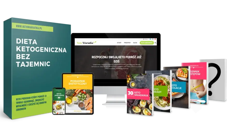 Keto dieta co to? Zobacz materiały promocyjne: "Dieta Ketogeniczna Bez Tajemnic", "Keto Jadłospis", "Poradnik Dietetyczny", "30 Keto Śniadań", "Keto Obiady", "Keto Kolacje", "Dziennik Kroków".