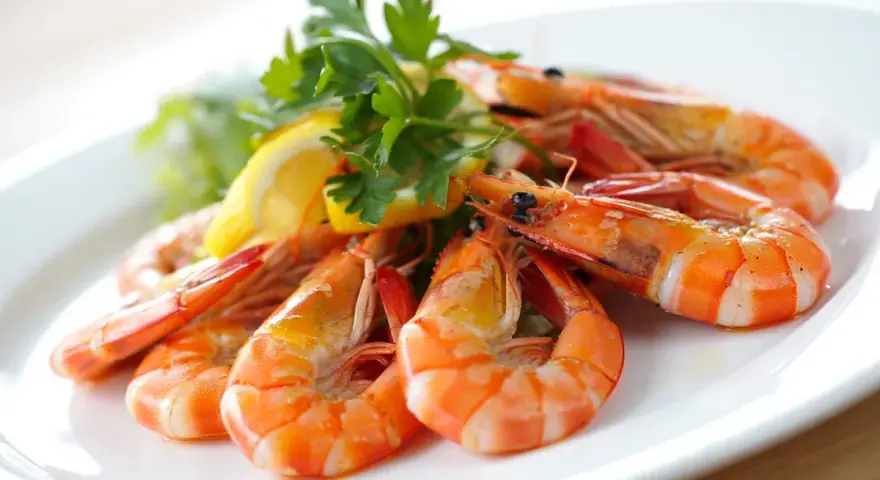 Gambas al ajillo receta: jugosas gambas cocinadas con ajo y perejil, servidas con limón y lechuga en un plato blanco.