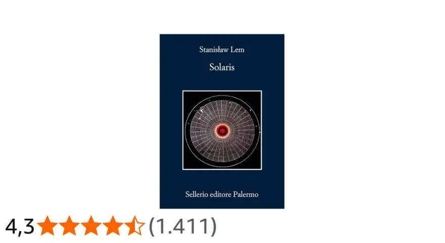 Copertina del libro "Solaris" di Stanisław Lem, con un'immagine astratta e la valutazione 4,3 stelle. La trama di Solaris esplora la natura della coscienza.
