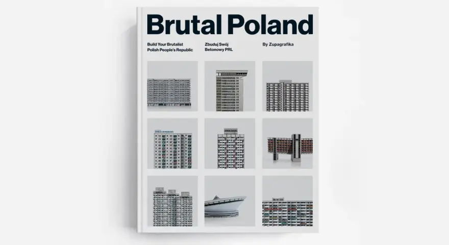 Okładka książki "Brutal Poland" z kolażem zdjęć betonowych budynków, prezentująca polski **brutalizm**.
