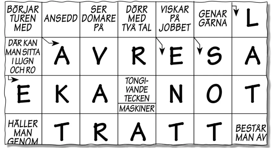 Korsord med bokstäverna A, V, R, E, S, A, N, O, T. En ledtråd är "påvra 4 bokstäver".