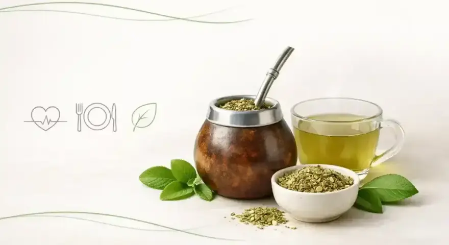 Niskie yerba mate kcal. Tradycyjny naczynie z bombillą, filiżanka naparu i miseczka suszu, otoczone świeżymi listkami.