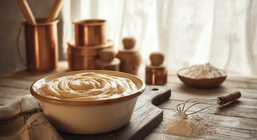 Un bol de pâte à beignets crémeuse, prêt à être cuisiné. Farine et fouet à proximité.