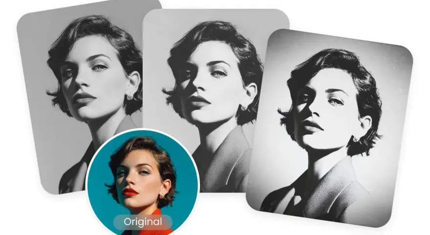Trois portraits d'une femme en **couleur noir et blanc**, montrant différentes intensités de gris. L'original est en couleur.