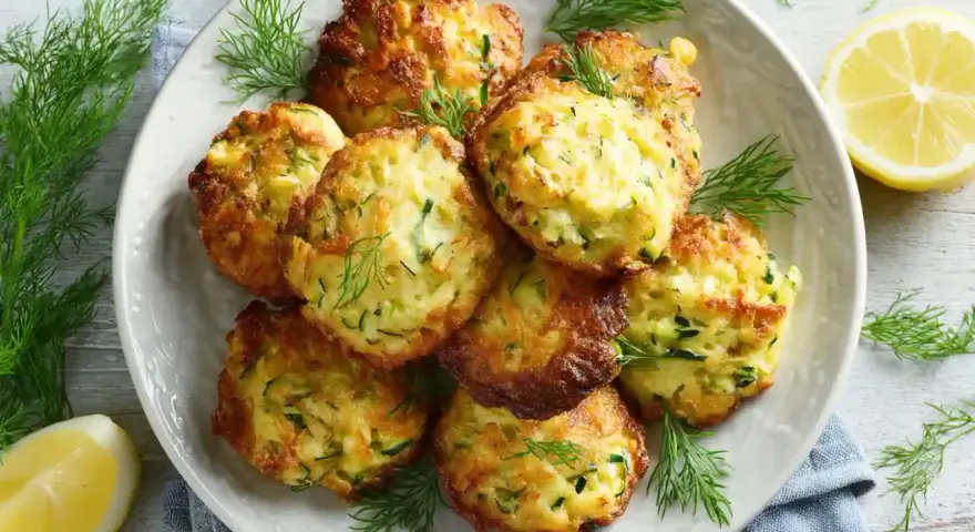 Goldbraune Zucchinipuffer, perfekt für Kinder, auf einem Teller mit Dill und Zitronenspalten garniert.