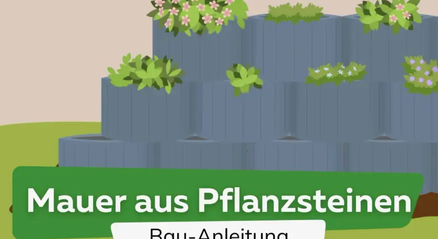 Graue Pflanzsteine bilden eine gestufte Mauer, bepflanzt mit grünen Blättern und bunten Blüten. Tolle Ideen für Ihre Mauer aus Pflanzsteinen.