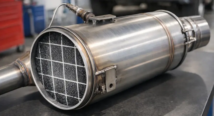 Metalowy filtr cząstek stałych GPF z widocznym wewnątrz wkładem o strukturze plastra miodu.