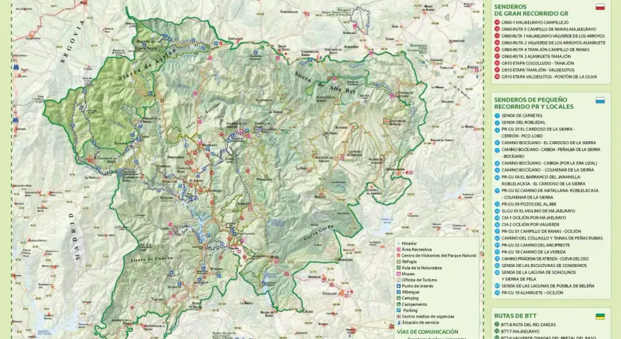 Mapa del parque natural de la sierra norte de Guadalajara, con senderos, miradores y puntos de interés.