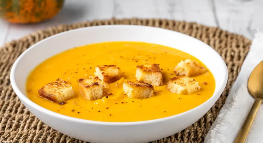 Una cremosa vellutata di zucca, guarnita con crostini dorati, pronta per essere gustata in una fredda giornata autunnale.