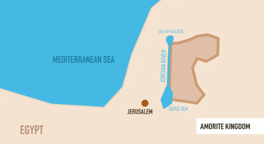 Map showing the Mediterranean Sea, Egypt, Jerusalem, the Jordan River, Sea of Galilee, Dead Sea, and the Amorite Kingdom.