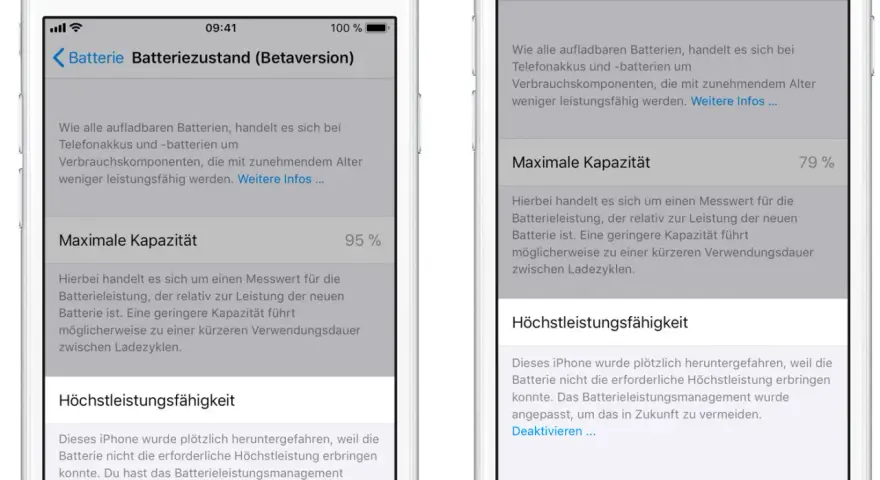 iPhone-Batteriezustand: Maximale Kapazität 79%. Die Leistung wurde wegen der Batterie angepasst.