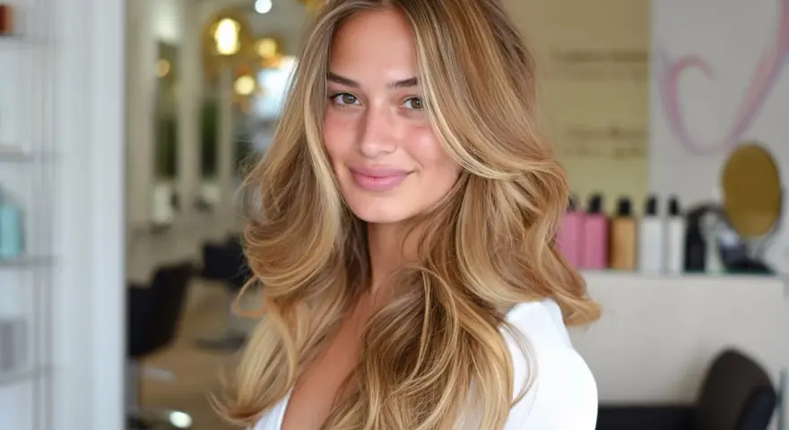 Uśmiechnięta blondynka z fryzurą butterfly cut, z falowanymi włosami w odcieniach blondu i brązu, prezentuje efektowną metamorfozę w salonie fryzjerskim.
